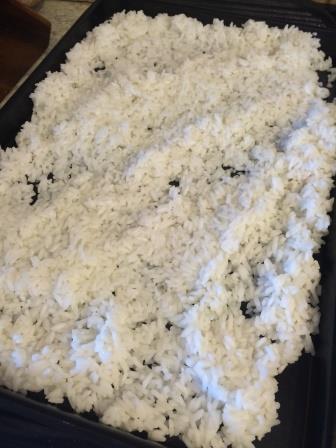 Rice on baking tray